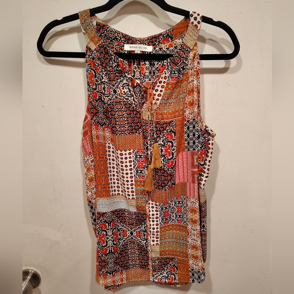Rose & Olive Women's Colorful Patchwork Print Tie Neck Tank Top Sz L Casual